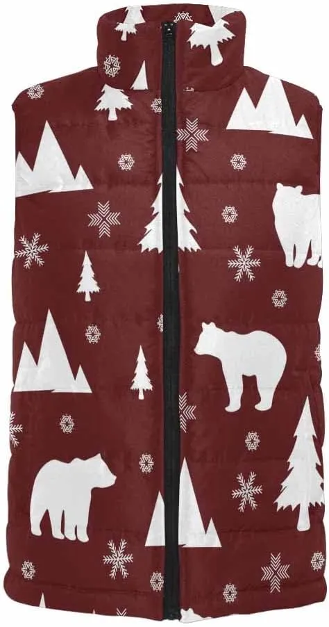 Fleece Vest Bear In Forest Pattern Men'S Puffer Vest Casual Zip-Up Collar Sleeveless Padded For Outdoor Travel Hiking