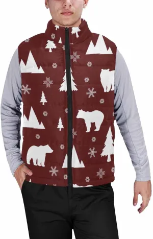 Fleece Vest Bear In Forest Pattern Men'S Puffer Vest Casual Zip-Up Collar Sleeveless Padded For Outdoor Travel Hiking