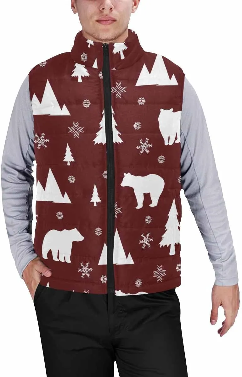 Fleece Vest Bear In Forest Pattern Men'S Puffer Vest Casual Zip-Up Collar Sleeveless Padded For Outdoor Travel Hiking