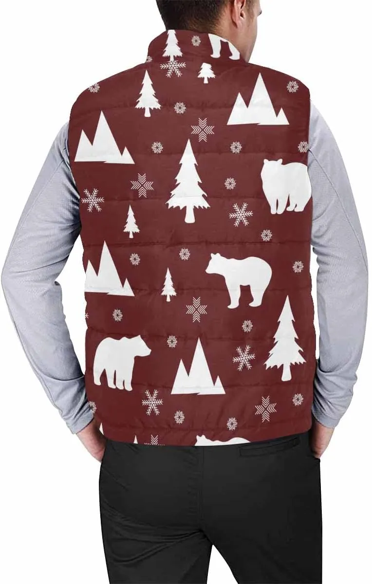 Fleece Vest Bear In Forest Pattern Men'S Puffer Vest Casual Zip-Up Collar Sleeveless Padded For Outdoor Travel Hiking