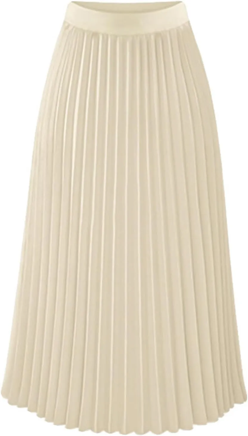 FZYLQY 2025 Fashion Womens Pleated Midi Skirt,High Waist Swing Boho Pleated Skirt Casual Chiffon Elastic A-line Long Skirts