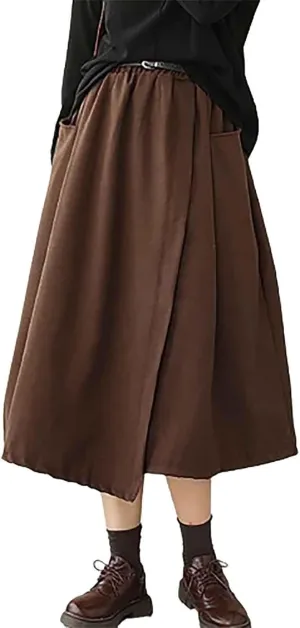 FZYLQY New Womens A-Line Midi Skirts Casual Elastic High Waist Flowy Swing Pleated Beach Boho Long Skirt with Pocket