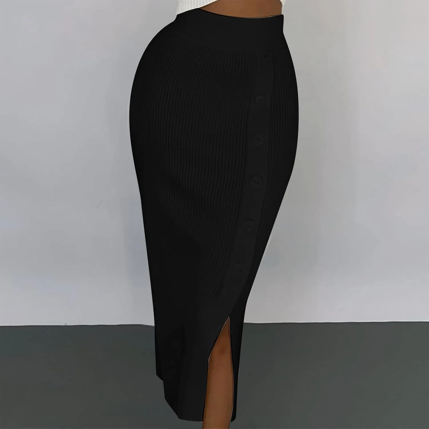 FZYLQY Slim Fit Ruched Pencil Skirts for Women High Waisted Elastic Band Bodycon Shirring Skirt Plus Size Skirt with Button