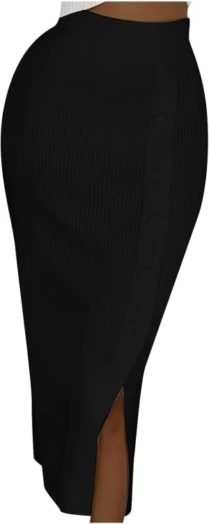 FZYLQY Slim Fit Ruched Pencil Skirts for Women High Waisted Elastic Band Bodycon Shirring Skirt Plus Size Skirt with Button