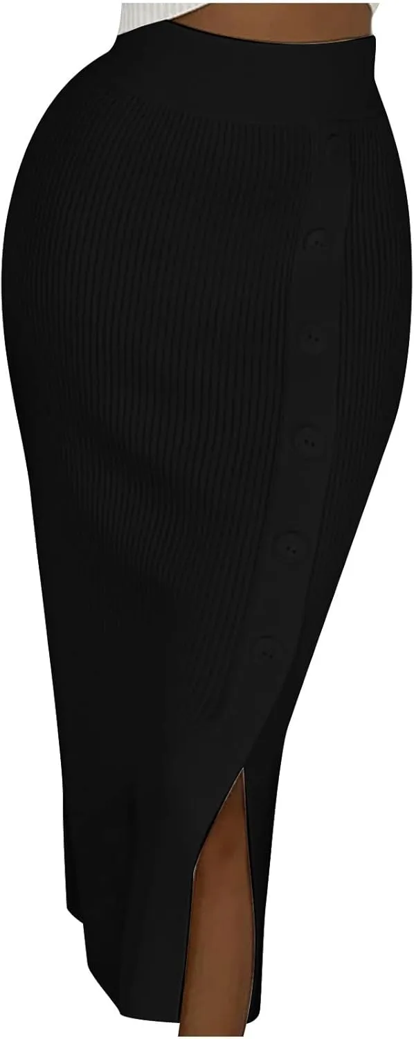 FZYLQY Slim Fit Ruched Pencil Skirts for Women High Waisted Elastic Band Bodycon Shirring Skirt Plus Size Skirt with Button