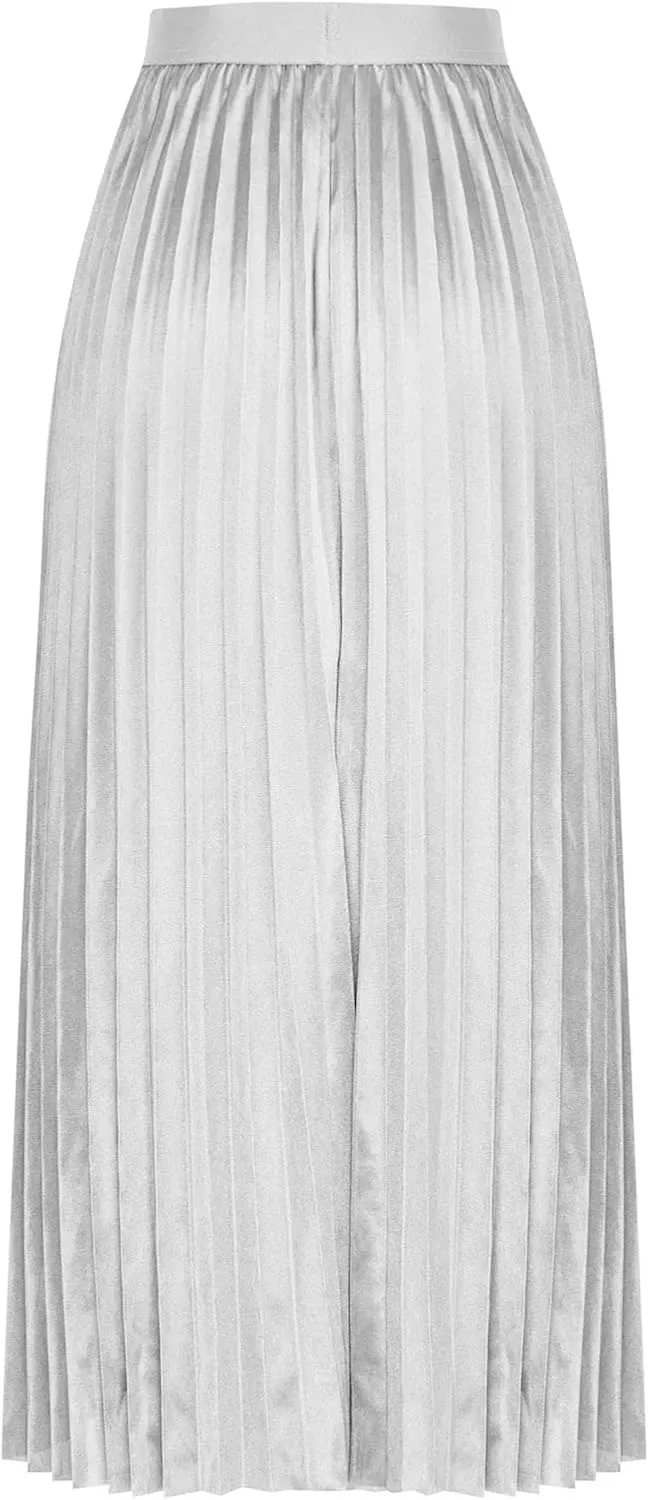 FZYLQY Women's Satin Metallic Pleated Skirts Elastic High Waist Flare Casual Long Swing A-Line Skirt Shiny Flowy Midi Skirt