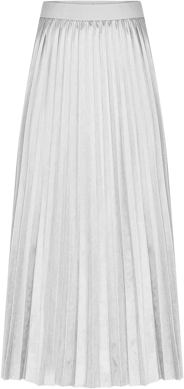 FZYLQY Women's Satin Metallic Pleated Skirts Elastic High Waist Flare Casual Long Swing A-Line Skirt Shiny Flowy Midi Skirt