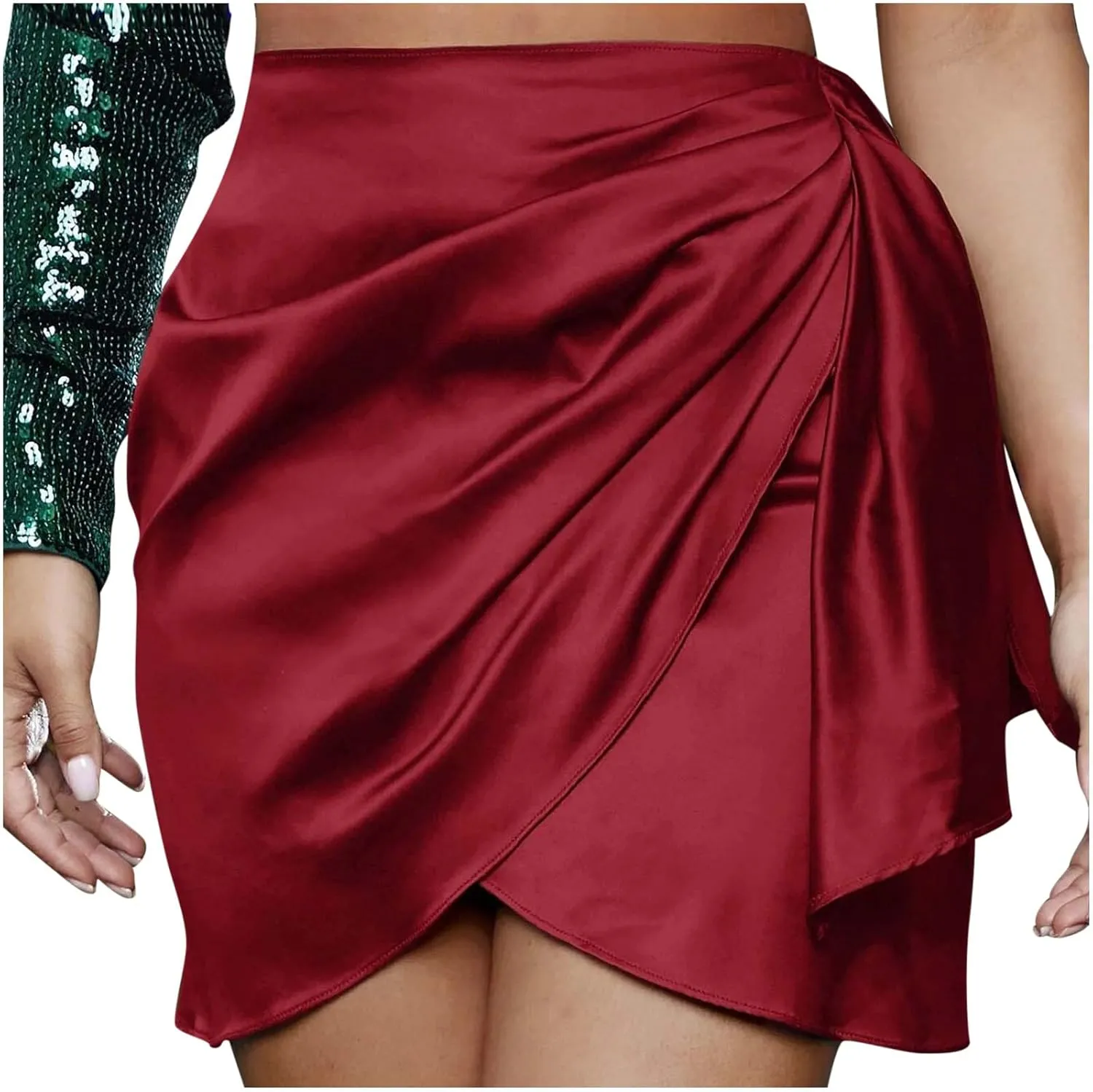 FZYLQY Zipped Up Skirt for Women Dressy Irregular Hem High Waisted Satin Mini Skirt Solid Ruched Evening Party Skater Skirt