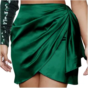 FZYLQY Zipped Up Skirt for Women Dressy Irregular Hem High Waisted Satin Mini Skirt Solid Ruched Evening Party Skater Skirt
