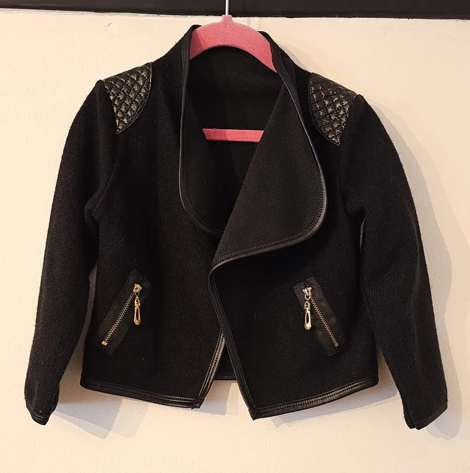 Girl's Black waterfall jacket with quilted faux leather patches