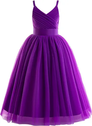 Glamulice Flower Girls Spaghetti Strap Tulle Dress Long A Line Wedding Pageant Dresses Princess Birthday Party Ball Gown