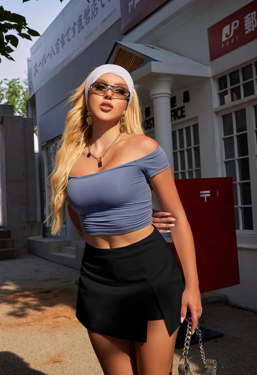 GOBLES Women's Casual High Waist A-line Side Slit Asymmetrical Hem Mini Office Skorts