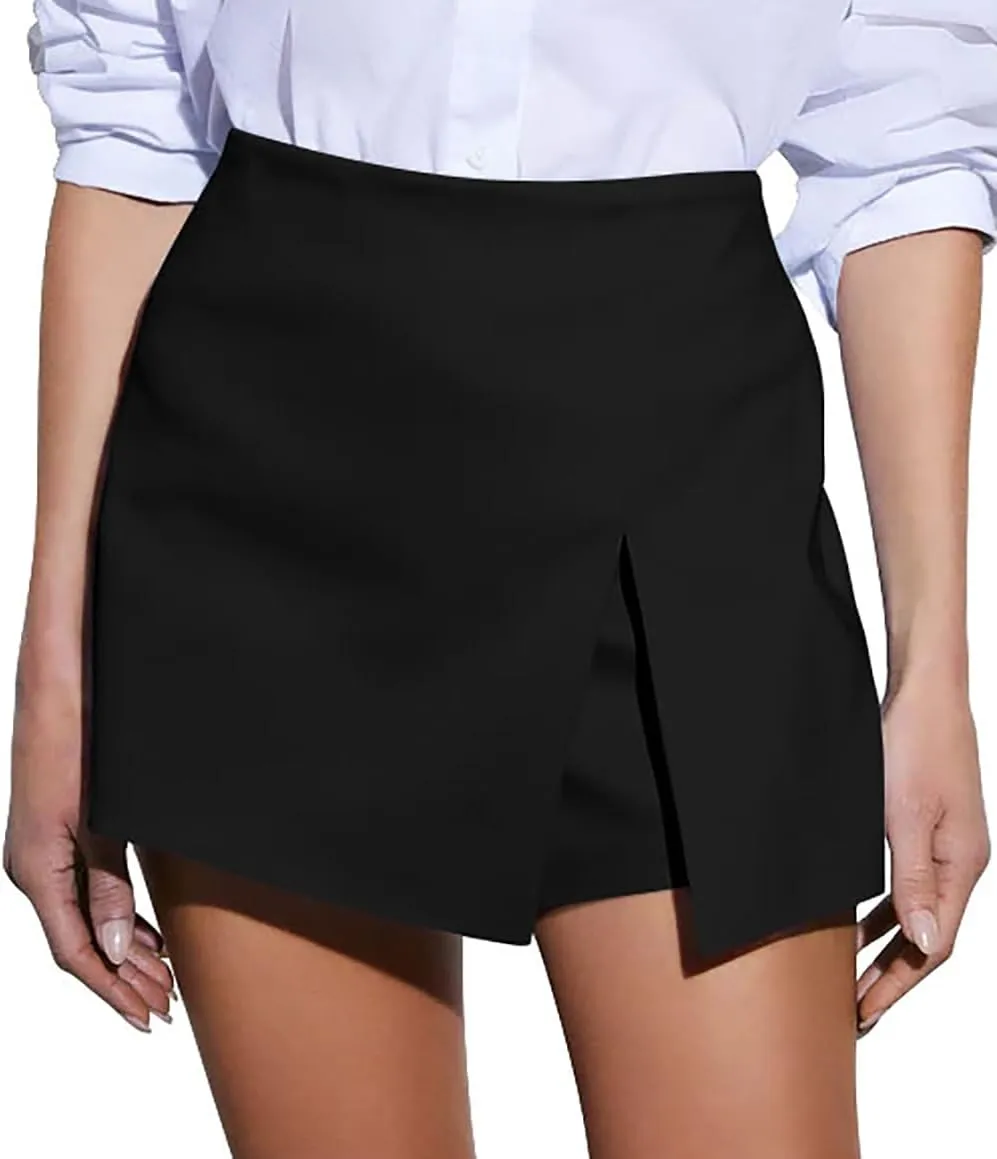 GOBLES Women's Casual High Waist A-line Side Slit Asymmetrical Hem Mini Office Skorts