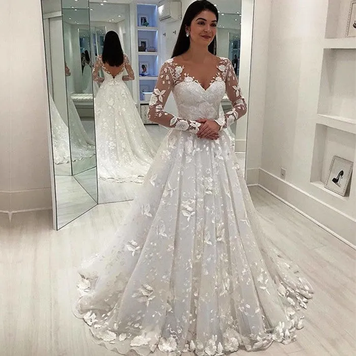 Gorgeous Long Sleeve Wedding Dresses | Appliques Long Bridal Gowns