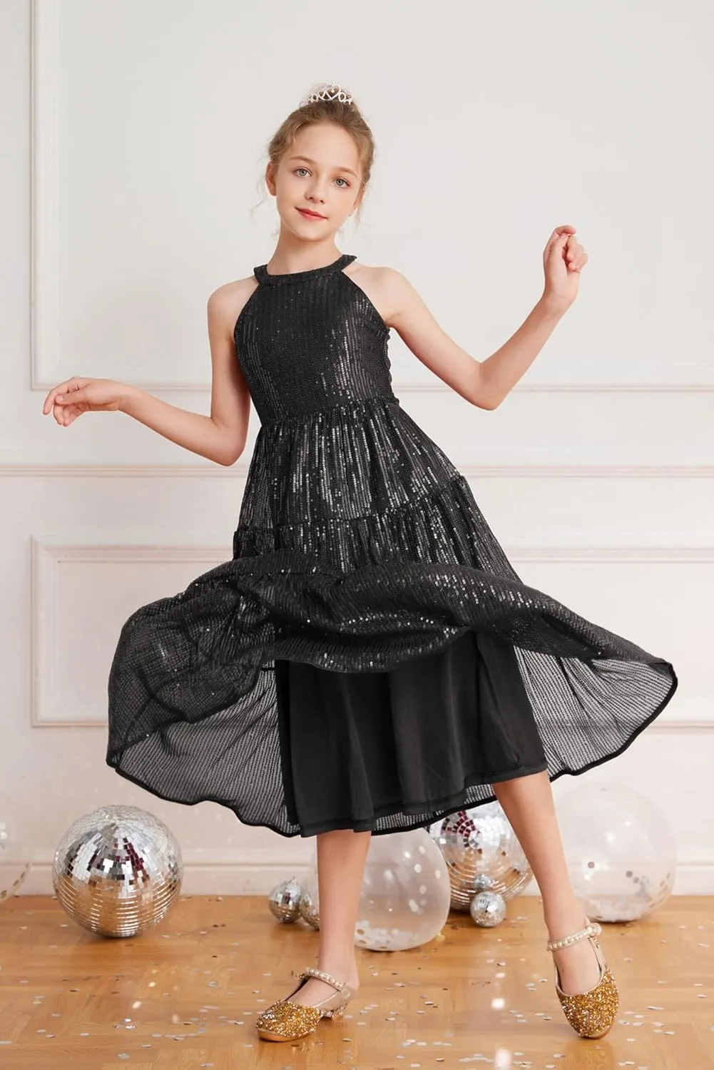 GRACE KARIN Girls Sequin Dress Formal Party Elegant Fancy Girls Maxi Long Dress for 5-14Y