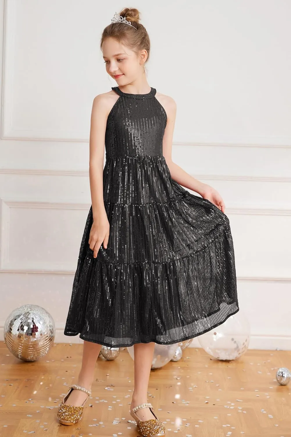 GRACE KARIN Girls Sequin Dress Formal Party Elegant Fancy Girls Maxi Long Dress for 5-14Y