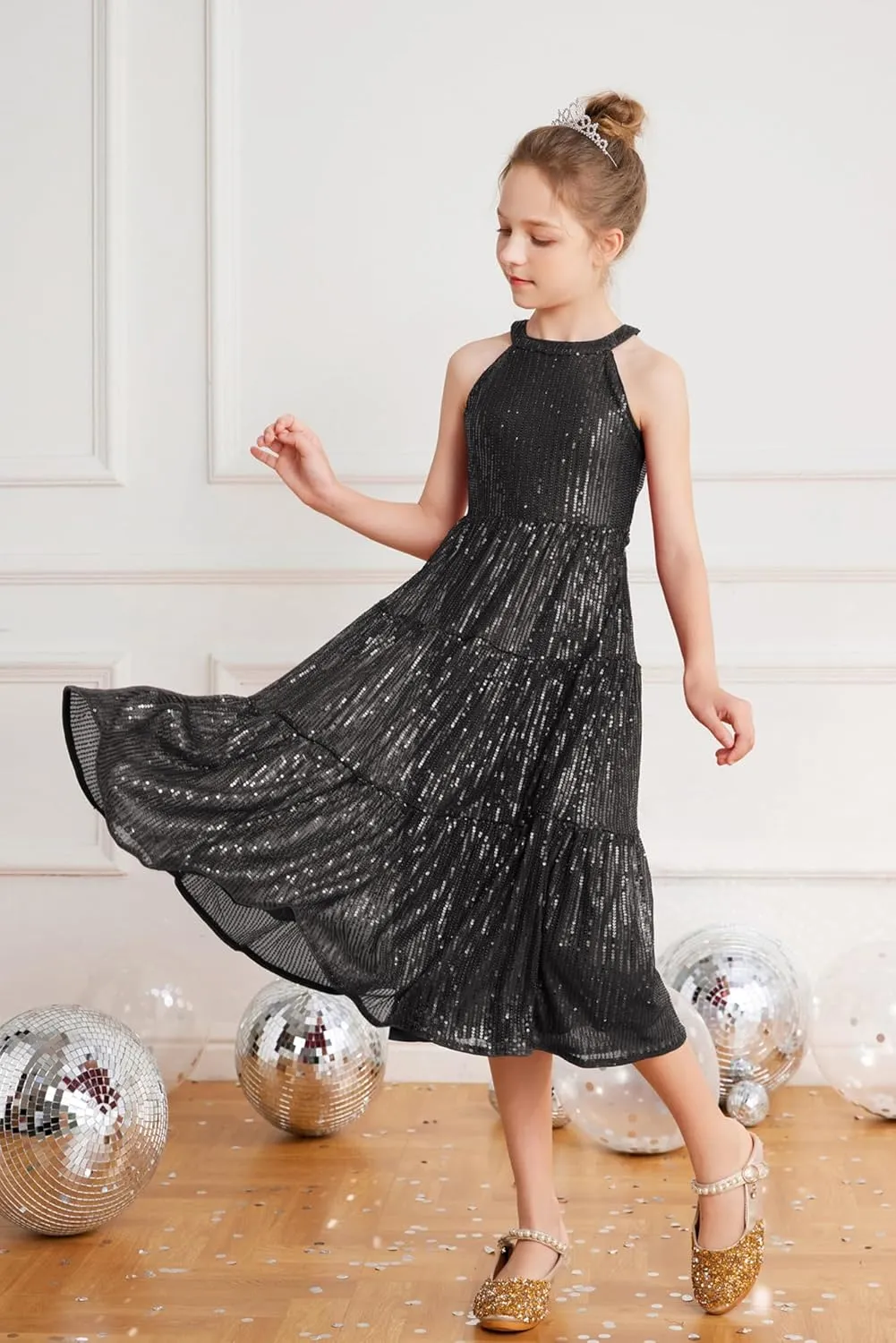 GRACE KARIN Girls Sequin Dress Formal Party Elegant Fancy Girls Maxi Long Dress for 5-14Y