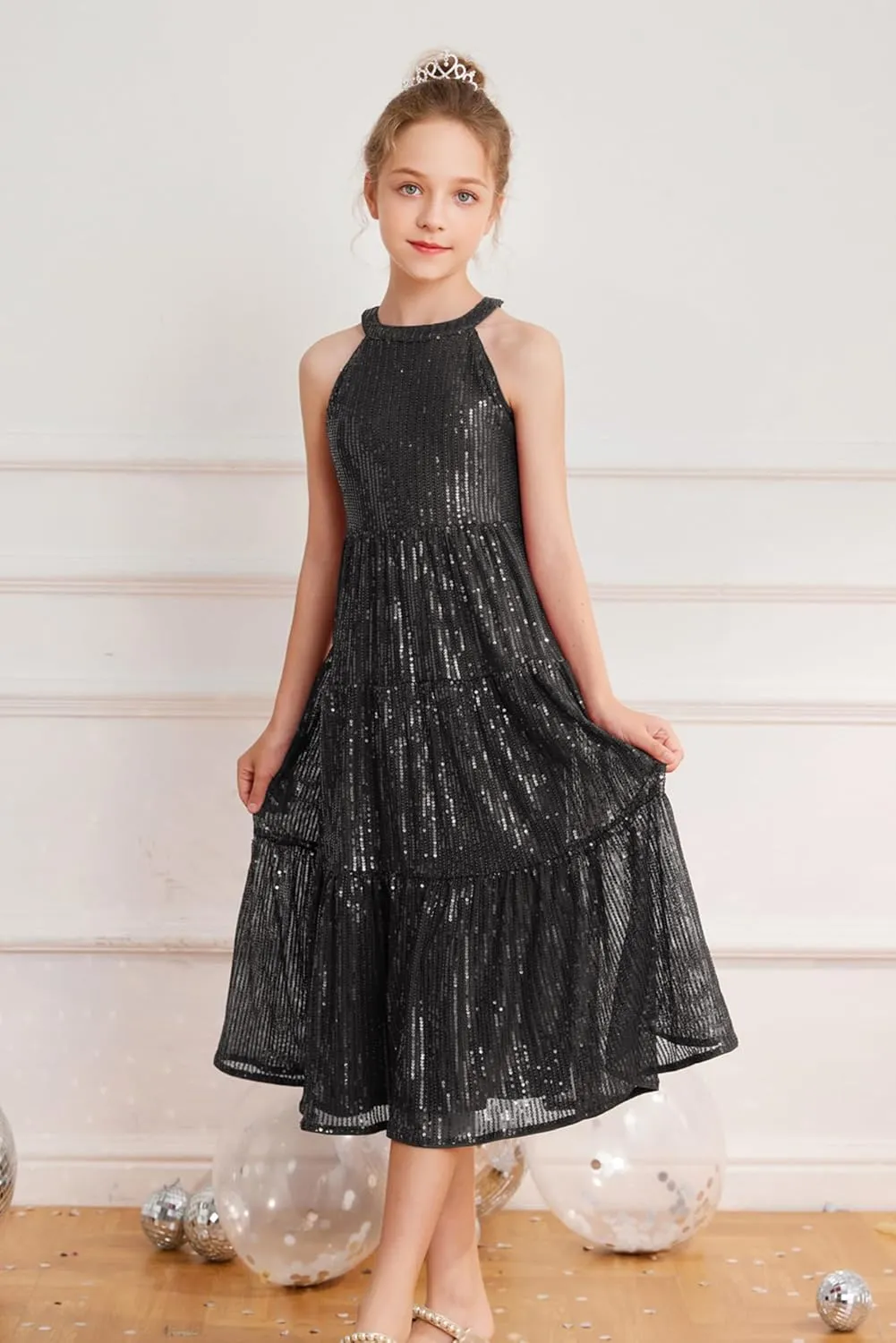 GRACE KARIN Girls Sequin Dress Formal Party Elegant Fancy Girls Maxi Long Dress for 5-14Y