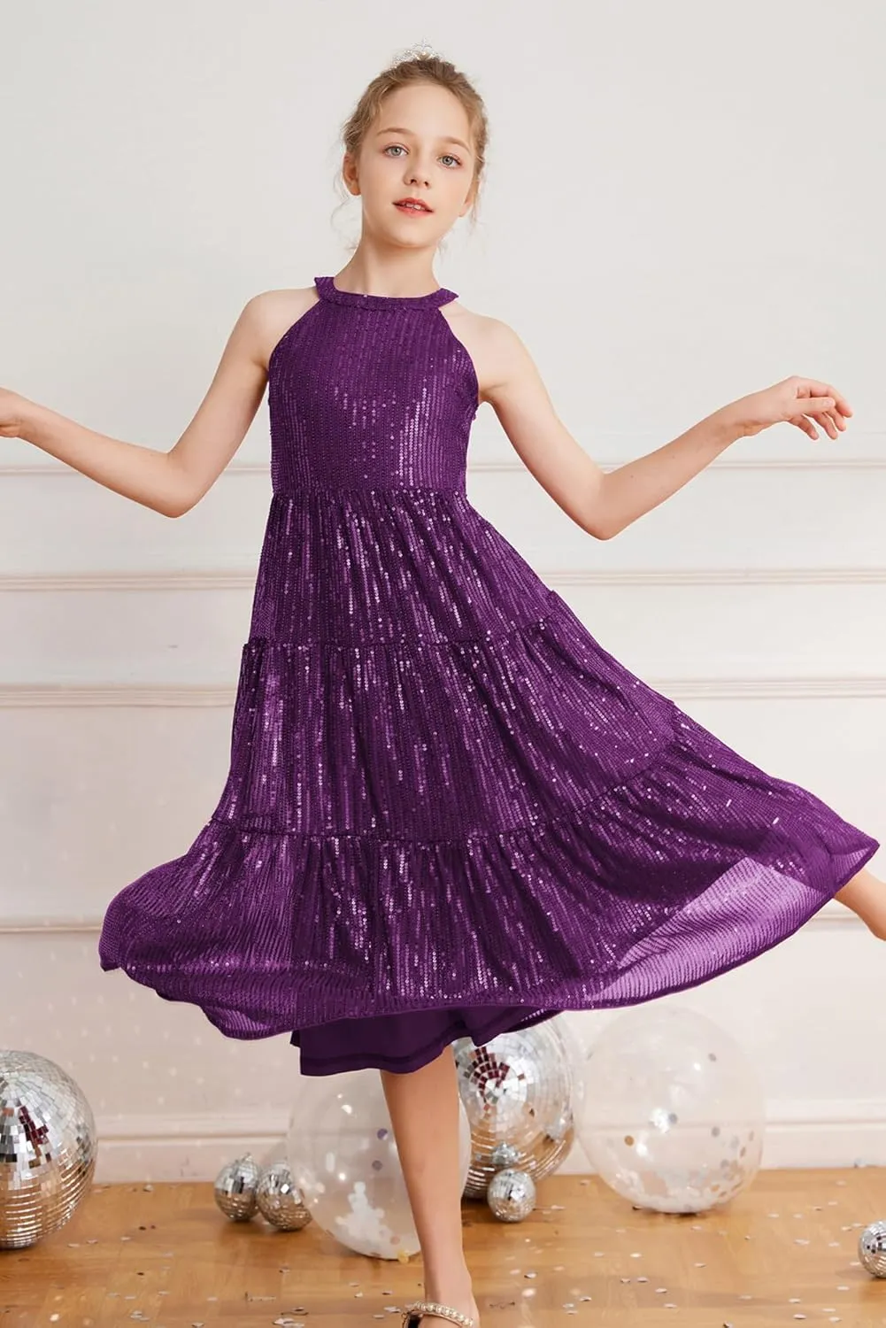GRACE KARIN Girls Sequin Dress Formal Party Elegant Fancy Girls Maxi Long Dress for 5-14Y