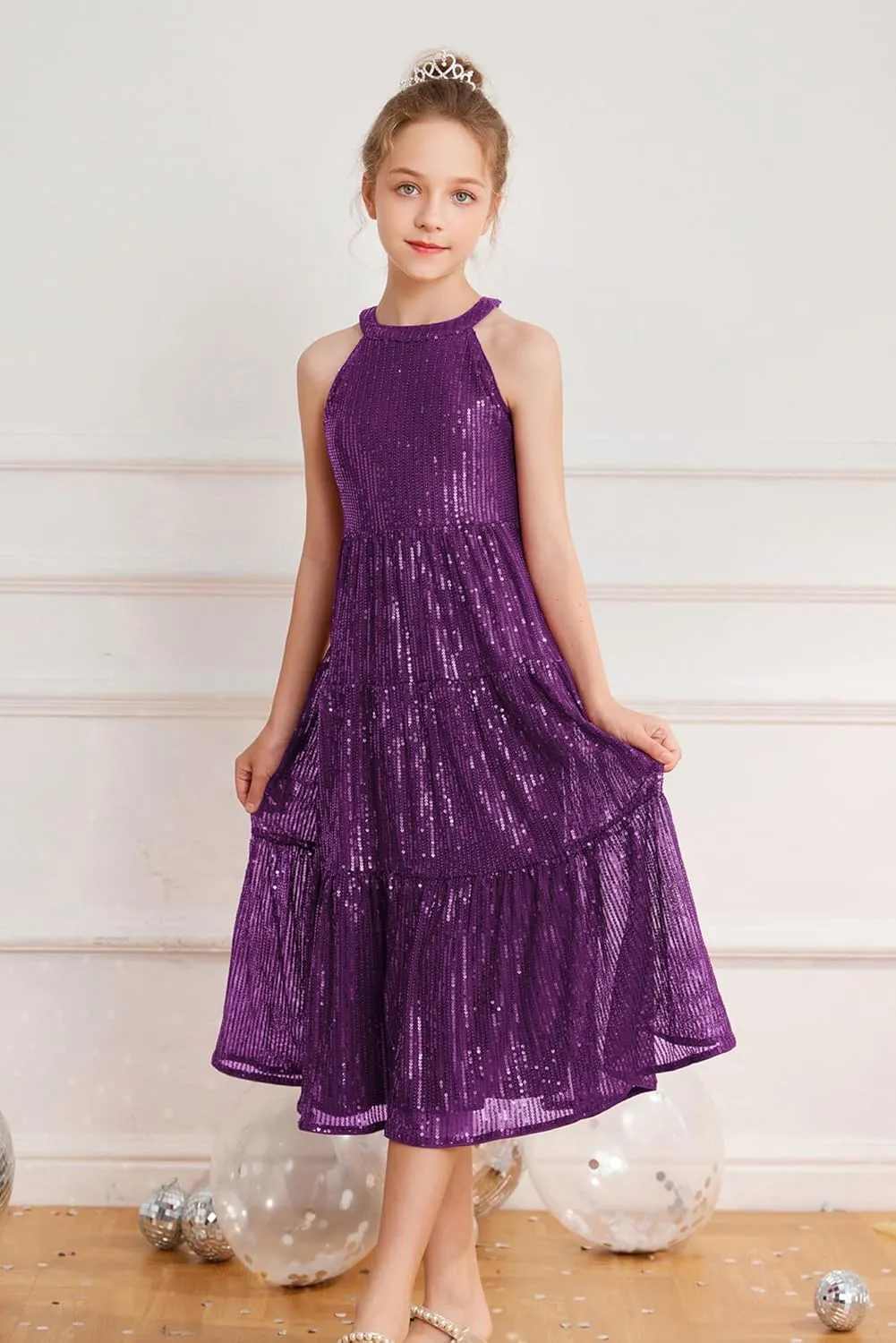 GRACE KARIN Girls Sequin Dress Formal Party Elegant Fancy Girls Maxi Long Dress for 5-14Y