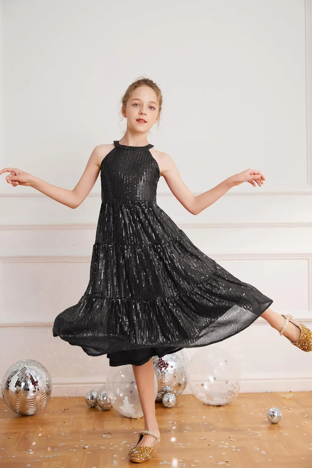 GRACE KARIN Girls Sequin Dress Formal Party Elegant Fancy Girls Maxi Long Dress for 5-14Y