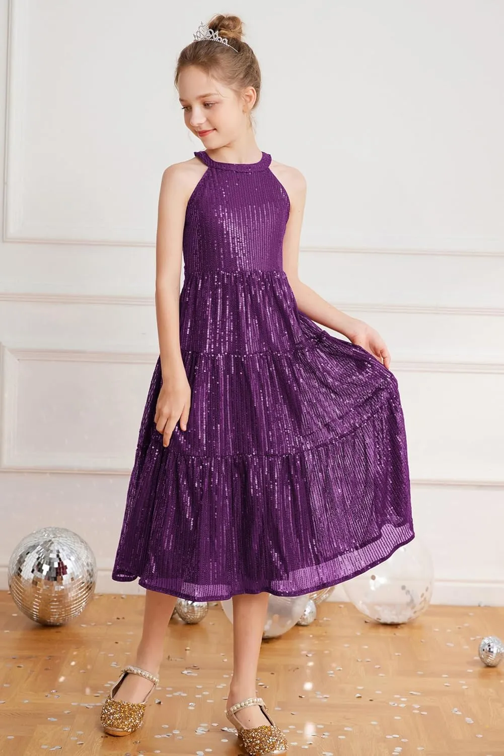 GRACE KARIN Girls Sequin Dress Formal Party Elegant Fancy Girls Maxi Long Dress for 5-14Y