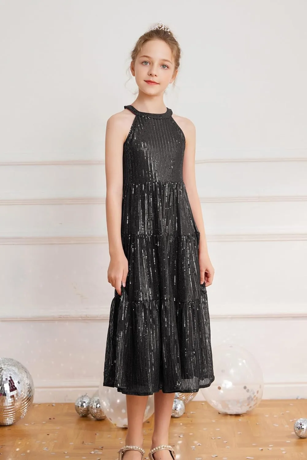 GRACE KARIN Girls Sequin Dress Formal Party Elegant Fancy Girls Maxi Long Dress for 5-14Y