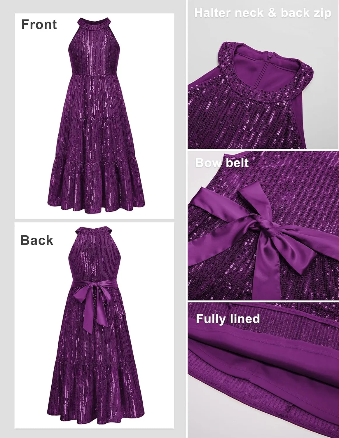 GRACE KARIN Girls Sequin Dress Formal Party Elegant Fancy Girls Maxi Long Dress for 5-14Y