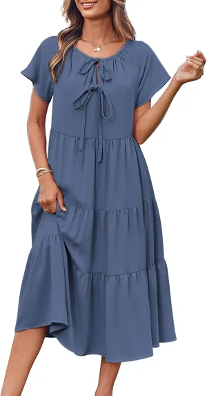 GRACE KARIN Womens Summer Dresses 2025 Casual Tie Front Midi Maternity Dress Short Sleeve Loose Flowy Pleated Beach Sundress