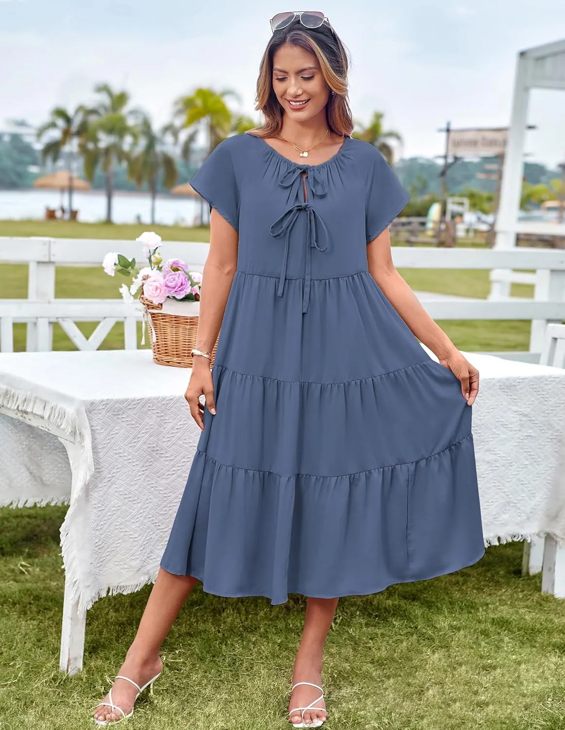 GRACE KARIN Womens Summer Dresses 2025 Casual Tie Front Midi Maternity Dress Short Sleeve Loose Flowy Pleated Beach Sundress
