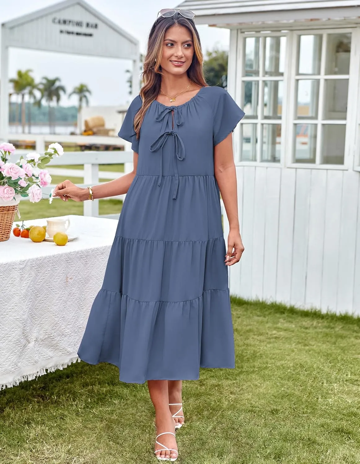 GRACE KARIN Womens Summer Dresses 2025 Casual Tie Front Midi Maternity Dress Short Sleeve Loose Flowy Pleated Beach Sundress