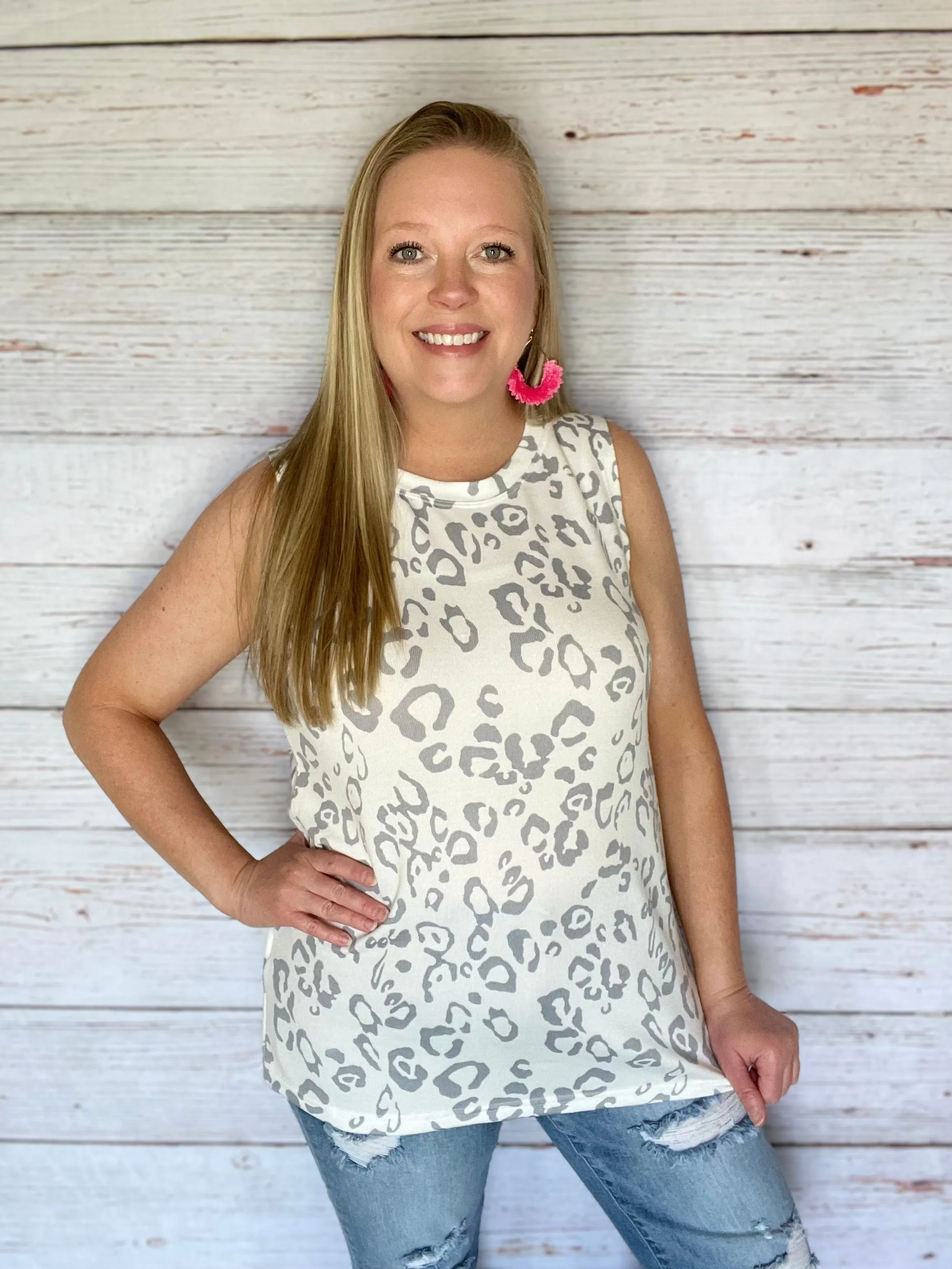 Gray Leopard Print Crew Neck Tank Top