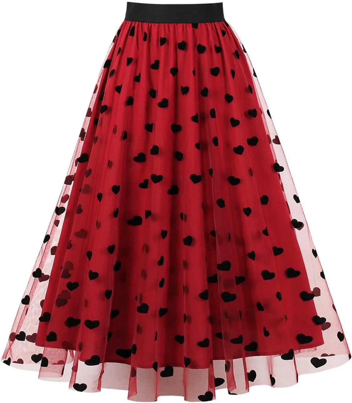 Heart Floral Tulle Skirts for Women Fairy Elastic High Waist Pleated A-Line Flared Midi Skirt Party Evening Tutu Skirt