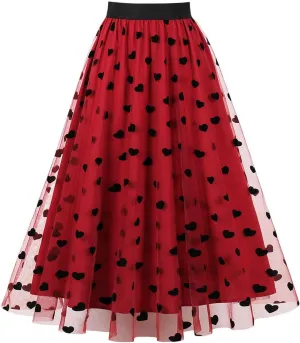 Heart Floral Tulle Skirts for Women Fairy Elastic High Waist Pleated A-Line Flared Midi Skirt Party Evening Tutu Skirt