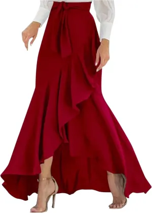 HGps8w Women's Elegant Wrap Maxi Skirt Ruffle Hem High Waisted Asymmetrical Belted Flowy Long Skirts