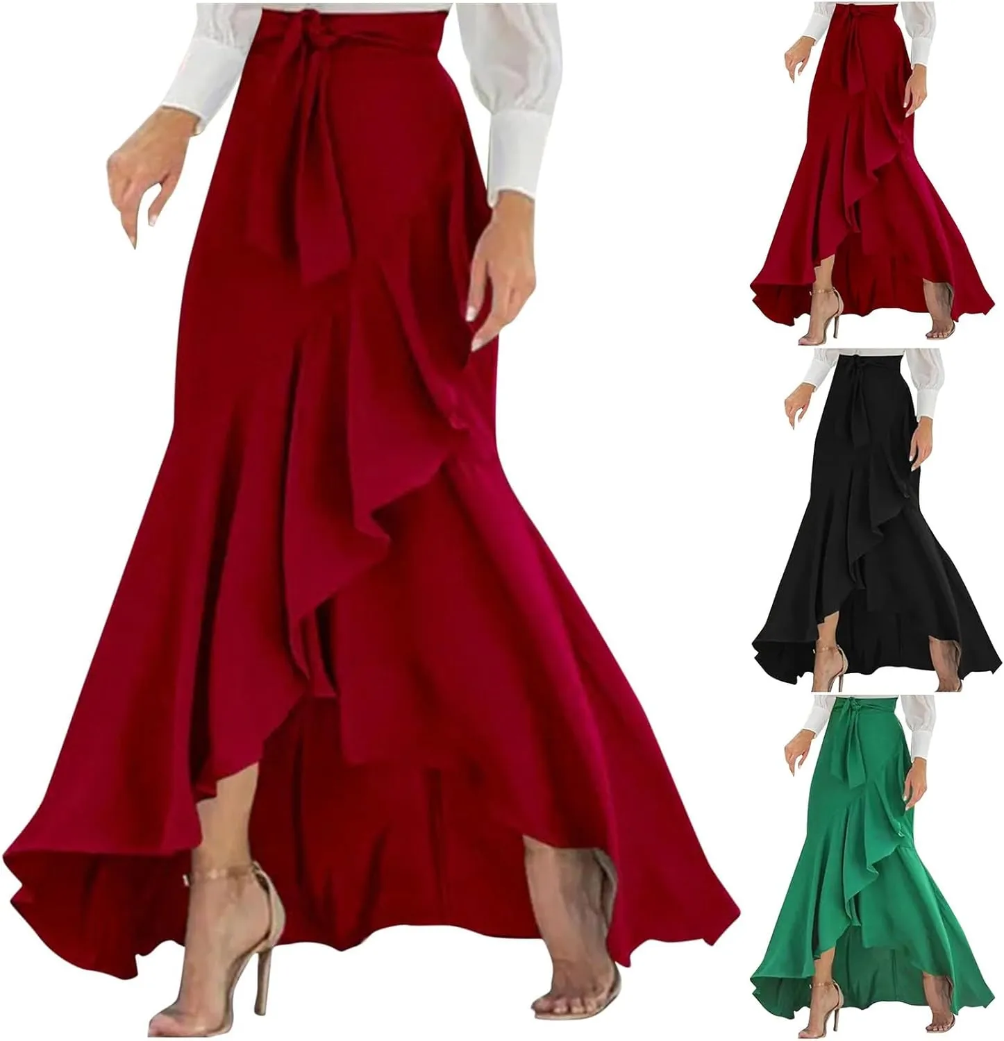 HGps8w Women's Elegant Wrap Maxi Skirt Ruffle Hem High Waisted Asymmetrical Belted Flowy Long Skirts