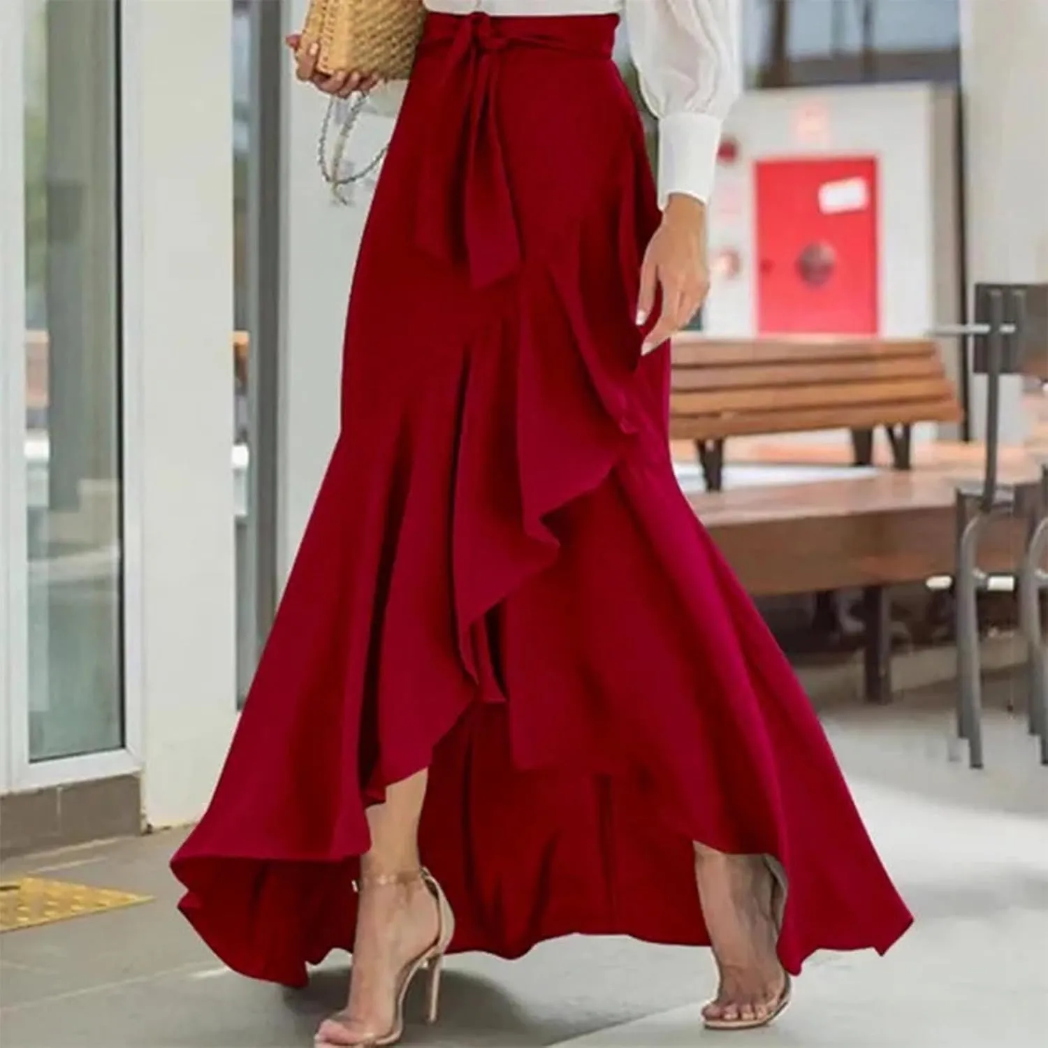 HGps8w Women's Elegant Wrap Maxi Skirt Ruffle Hem High Waisted Asymmetrical Belted Flowy Long Skirts
