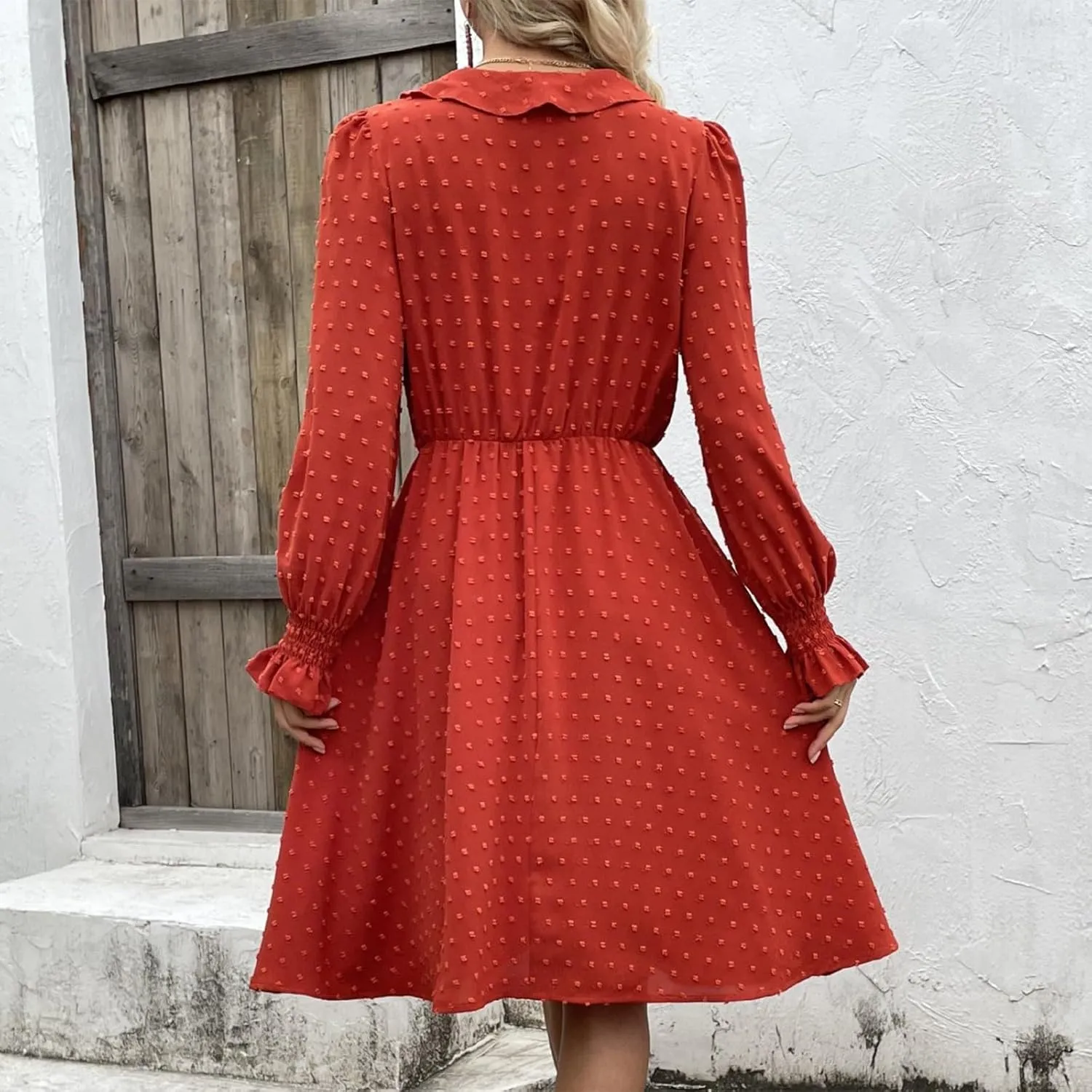 hlysgo Womens Going Out Dresses Casual Loose Fit Long Sleeve V Neck Mini Dress Trendy Swiss Dots A-Line Swing Babydoll Dress