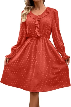 hlysgo Womens Going Out Dresses Casual Loose Fit Long Sleeve V Neck Mini Dress Trendy Swiss Dots A-Line Swing Babydoll Dress