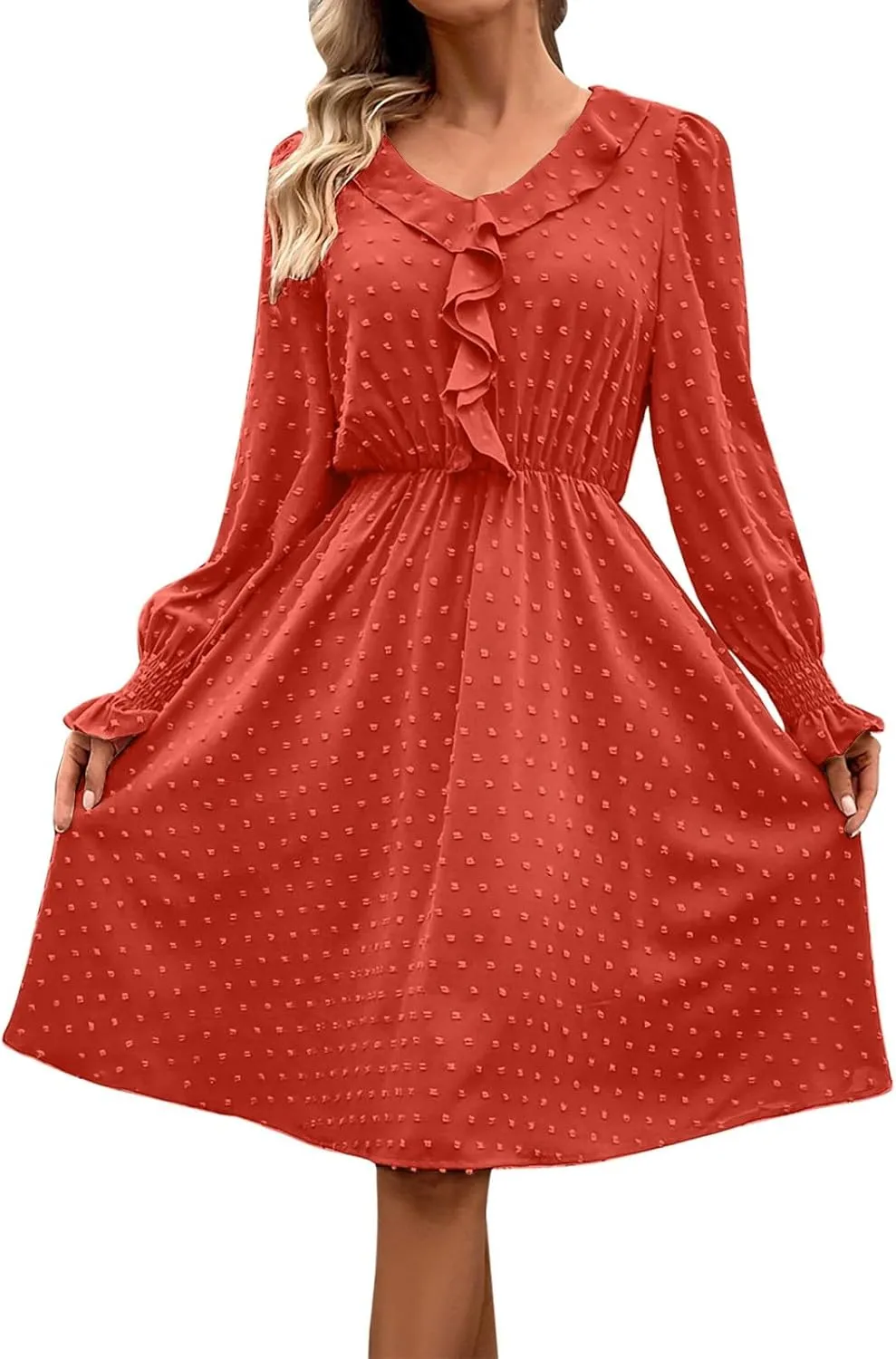 hlysgo Womens Going Out Dresses Casual Loose Fit Long Sleeve V Neck Mini Dress Trendy Swiss Dots A-Line Swing Babydoll Dress