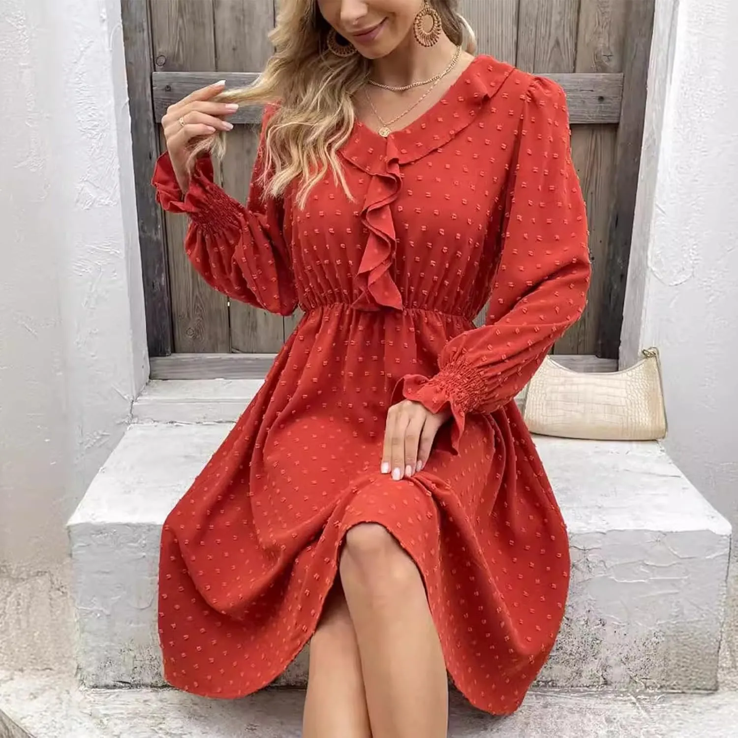 hlysgo Womens Going Out Dresses Casual Loose Fit Long Sleeve V Neck Mini Dress Trendy Swiss Dots A-Line Swing Babydoll Dress