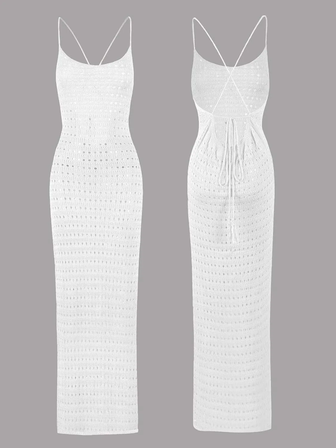 Hollow Out Knit Bodycon Backless Crochet Maxi Dress Sexy Bathing Suit Cover up Split Long Beach Long Dresses