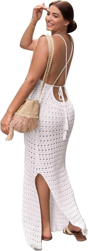 Hollow Out Knit Bodycon Backless Crochet Maxi Dress Sexy Bathing Suit Cover up Split Long Beach Long Dresses