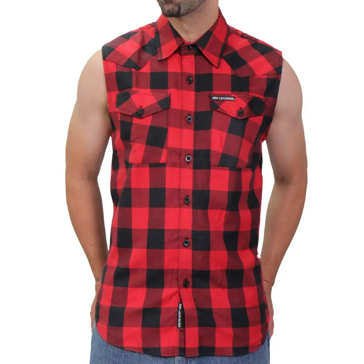 Hot Leathers GMS3491 Mens Black and Red Patriot Skull Sleeveless Flannel Shirt