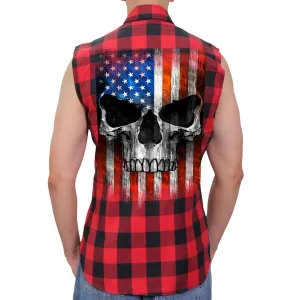 Hot Leathers GMS3491 Mens Black and Red Patriot Skull Sleeveless Flannel Shirt