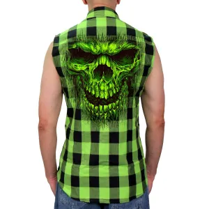 Hot Leathers GMS3492 Mens Black and Green Shredder Skull Sleeveles Flannel Shirt