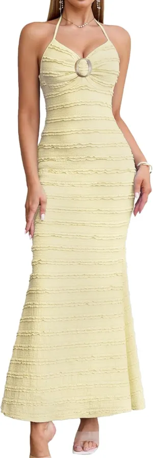 HTZMO Women Elegant Summer Casual Bodycon Maxi Dress Sexy V Neck Halter Ruffle Wedding Guest Formal Long Dresses