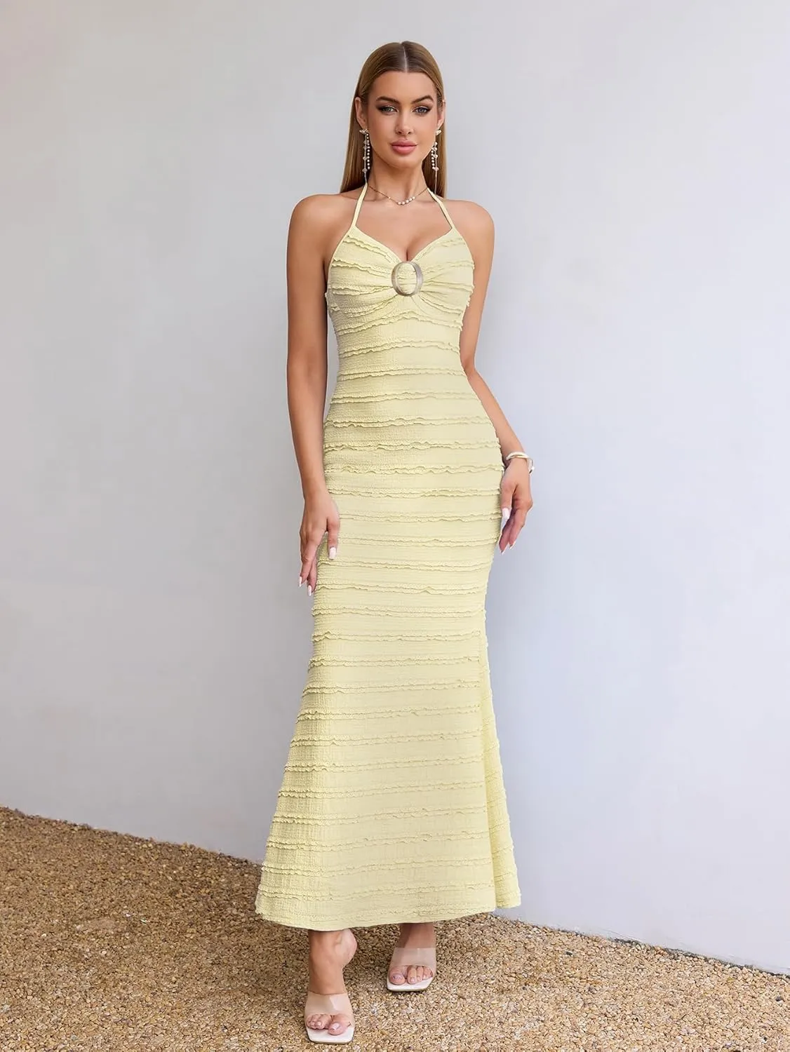 HTZMO Women Elegant Summer Casual Bodycon Maxi Dress Sexy V Neck Halter Ruffle Wedding Guest Formal Long Dresses