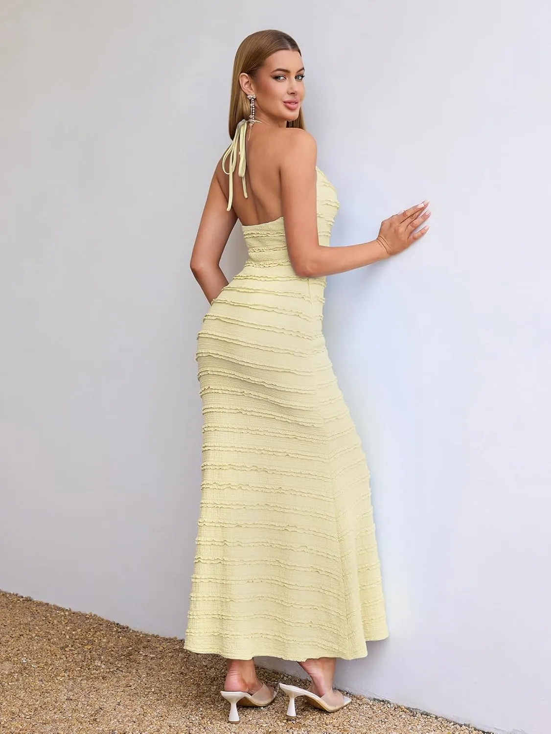 HTZMO Women Elegant Summer Casual Bodycon Maxi Dress Sexy V Neck Halter Ruffle Wedding Guest Formal Long Dresses