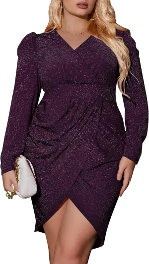IN'VOLAND Plus Size Women's Sequin Sparkly Glitter Party Club Dress V Neck Ruched Cocktail Bodycon Dress